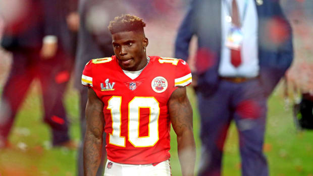 Feb 7, 2021; Tampa, FL, USA; Kansas City Chiefs wide receiver Tyreek Hill (10) reacts after loosing to the Tampa Bay Buccaneers in Super Bowl LV at Raymond James Stadium. Mandatory Credit: Mark J. Rebilas-USA TODAY Sports